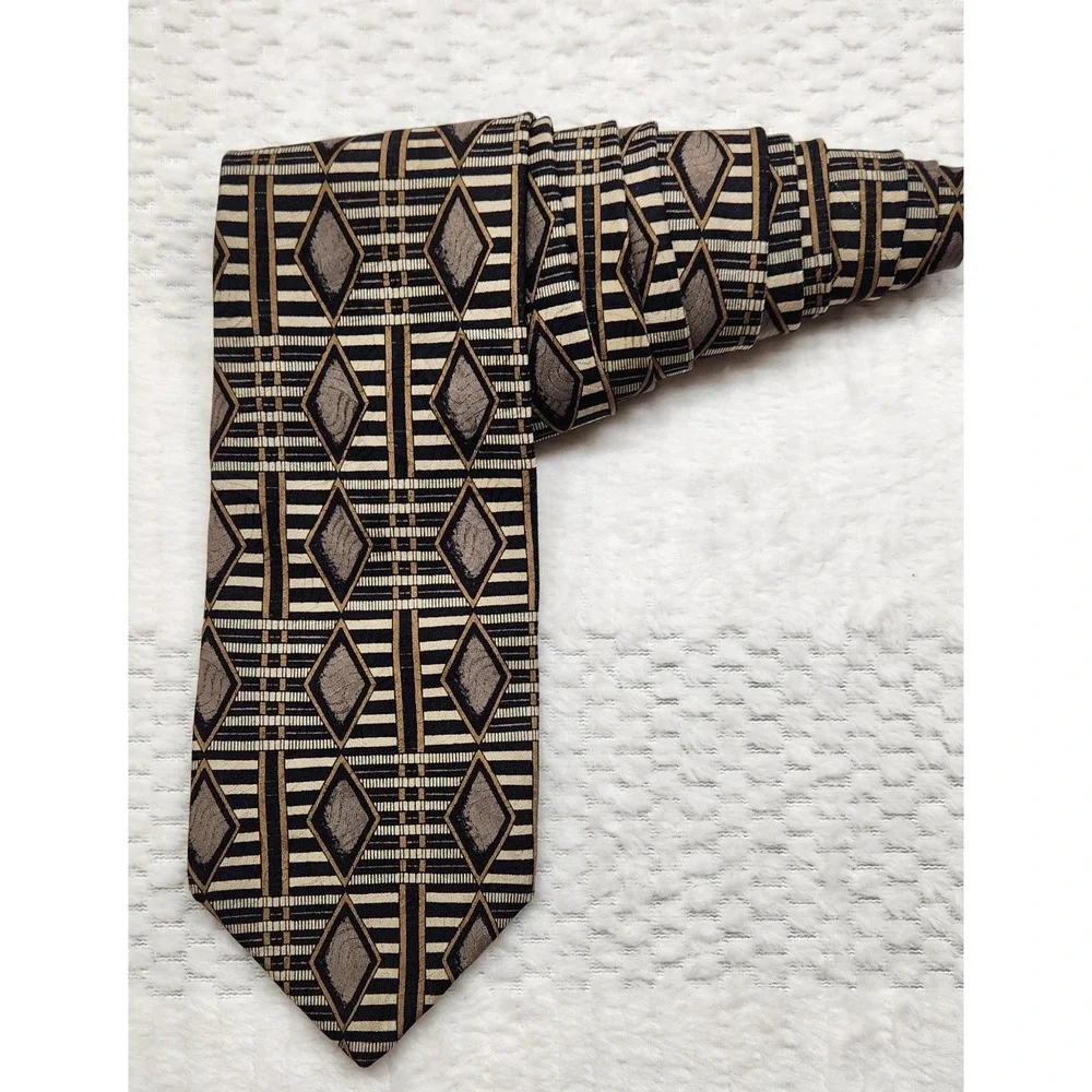 Robert Talbott Studio Silk Necktie Gold Black Silver Geometric Tie USA Made